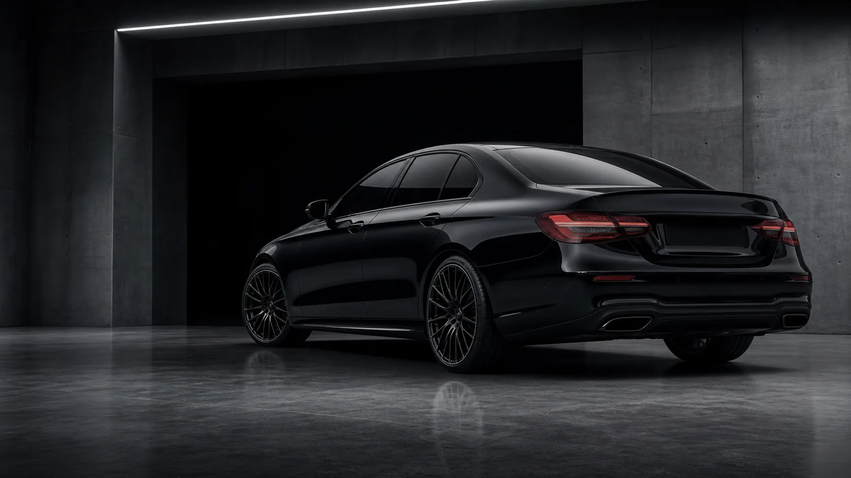 Donkere premium auto met getinte ramen in een minimalistische studio