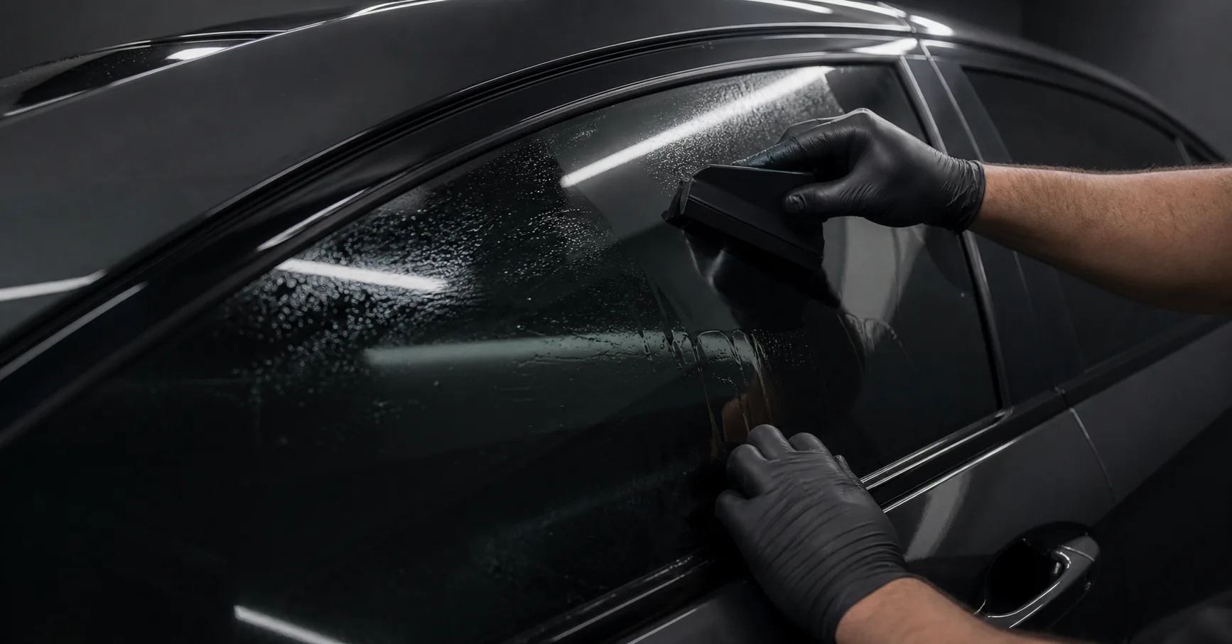 Window tinting wordt zorgvuldig aangebracht op een zijruit